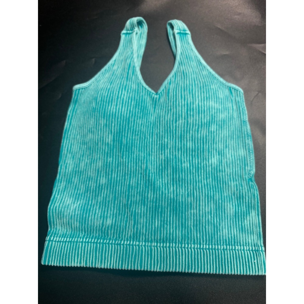 Zenana NEW Ribbed Stone‎  Wash V-Neck Crop Tank Top/Brami Padded Blue S/M